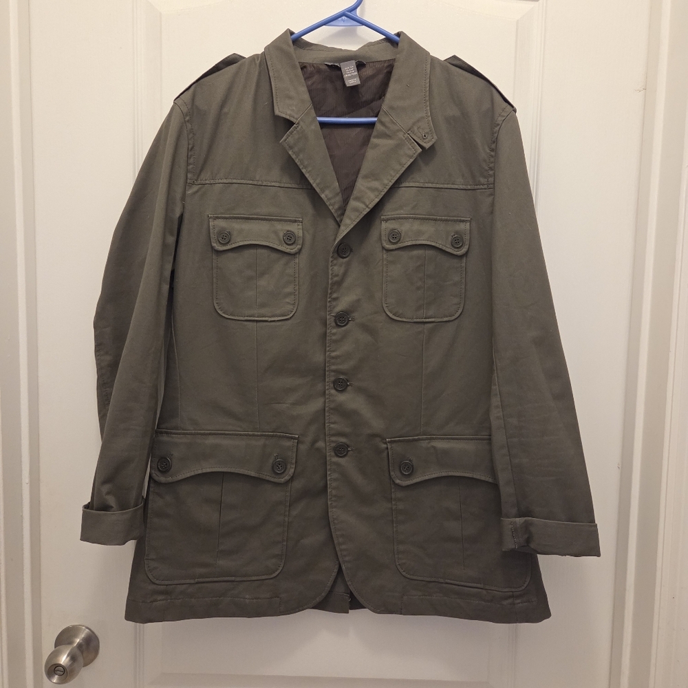 H&M military trench coat blazer unisex Men's Women's size 44R green brown color